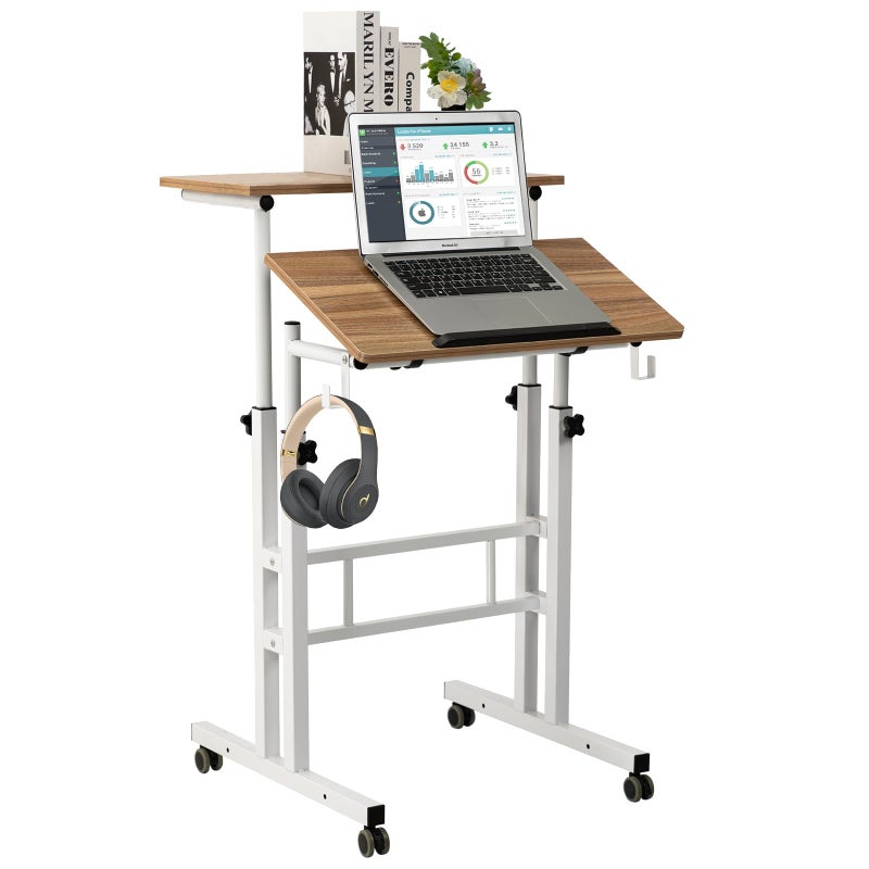 SIDUCAL Small Standing Desk, Portable Stand Up Desk, Height Adjustable Mobile Standing Table Converter with Wheels Computer Workstations, Rolling Laptop Cart for Stand or Sit, Vintage Oak - Image 1